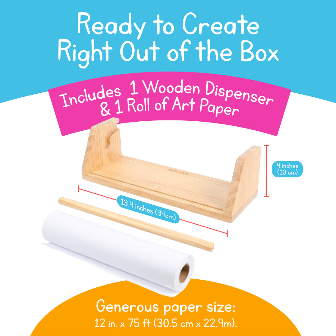 Wooden art paper roll dispenser shown with the included 12 inch by 75 ft white drawing paper roll