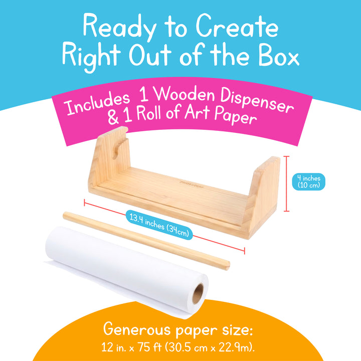 Wooden art paper roll dispenser shown with the included 12 inch by 75 ft white drawing paper roll