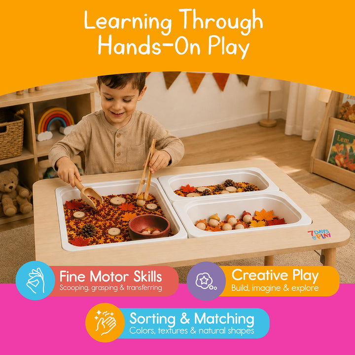 Preschooler scooping autumn sensory rice at a sensory table, building fine motor skills, creative play and sorting and matching