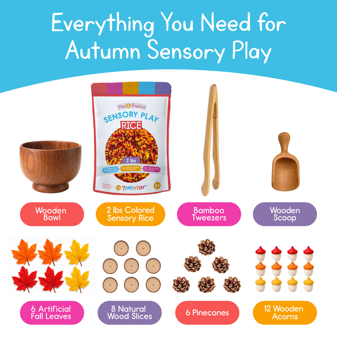 Autumn Sensory Kit contents: wooden bowl, 2 lbs sensory rice, bamboo tweezers, scoop, 6 fall leaves, 8 wood slices, 6 pinecones, 12 wooden acorns
