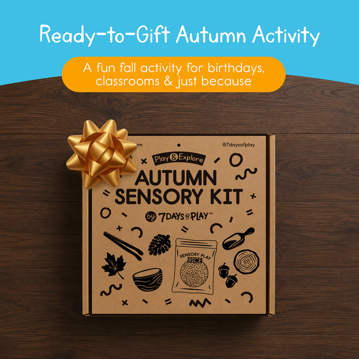 Autumn Sensory Kit kraft gift box with a gold bow, a ready-to-gift fall activity for birthdays, classrooms and just because