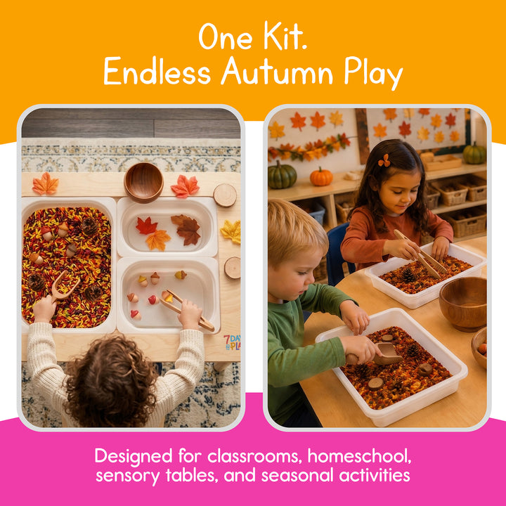 Children playing with the Autumn Sensory Kit at a home sensory table and in a preschool classroom, for homeschool and seasonal activities
