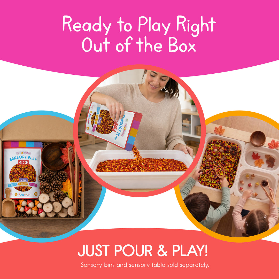 Pouring pre-dyed autumn sensory rice from the bag into a sensory bin, with children playing at a sensory table. No prep needed.