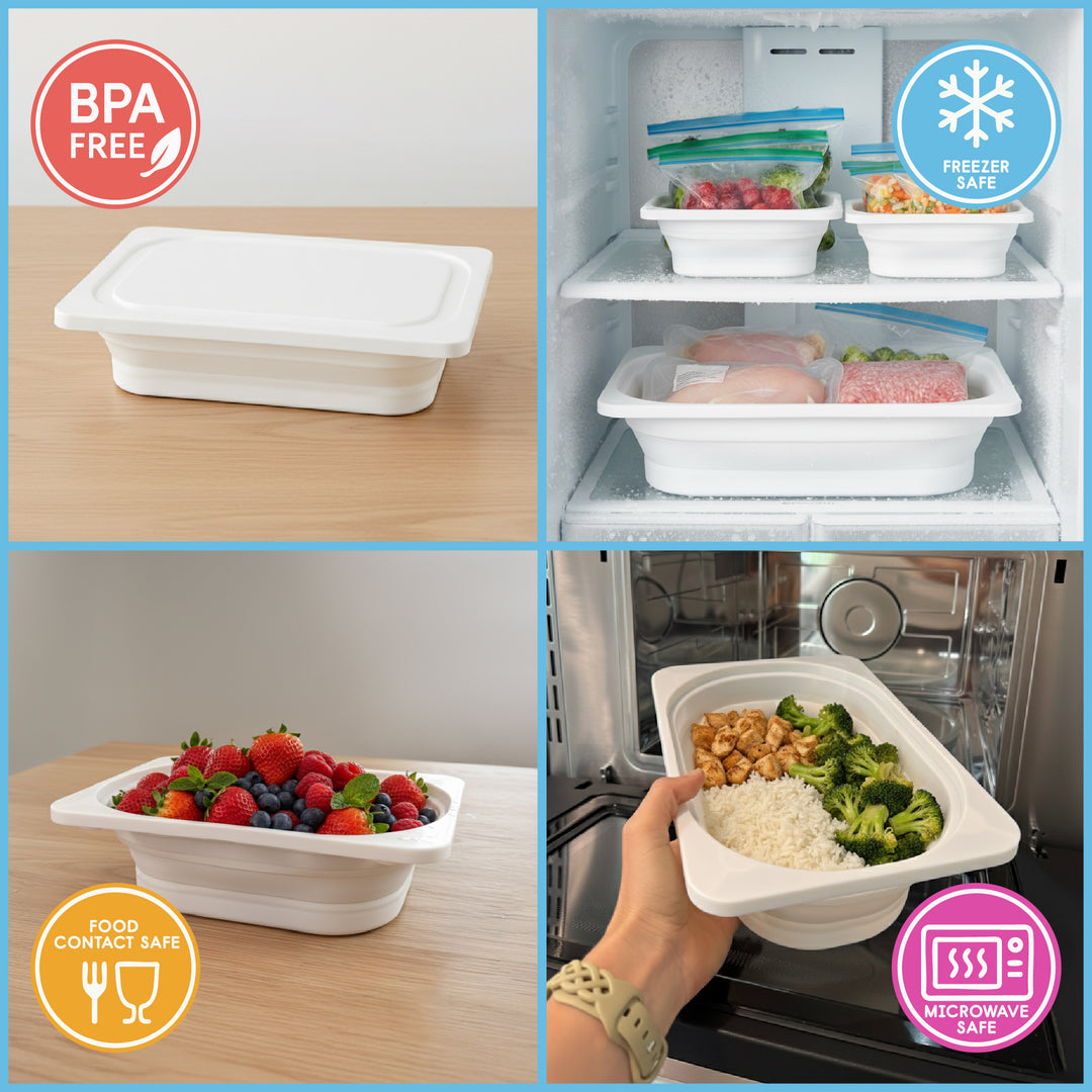 Food-safe collapsible storage bins used for washing and storing food