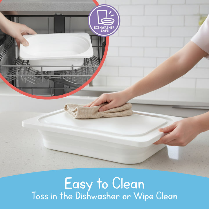 Easy-to-clean collapsible storage bin folds flat and wipes clean