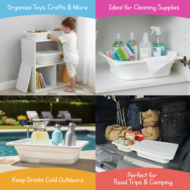 Collapsible storage bins organizing toys, crafts, and household supplies