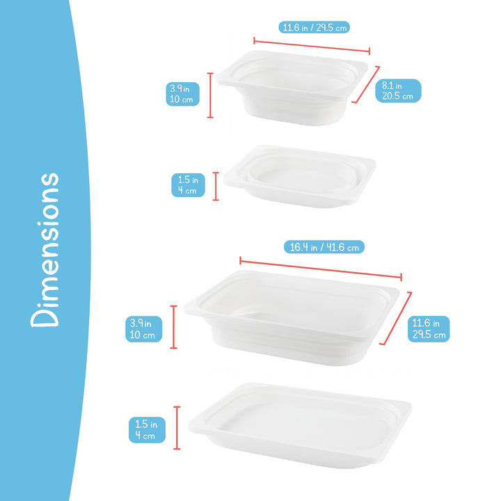 Collapsible storage bin dimensions diagram for large and small sizes