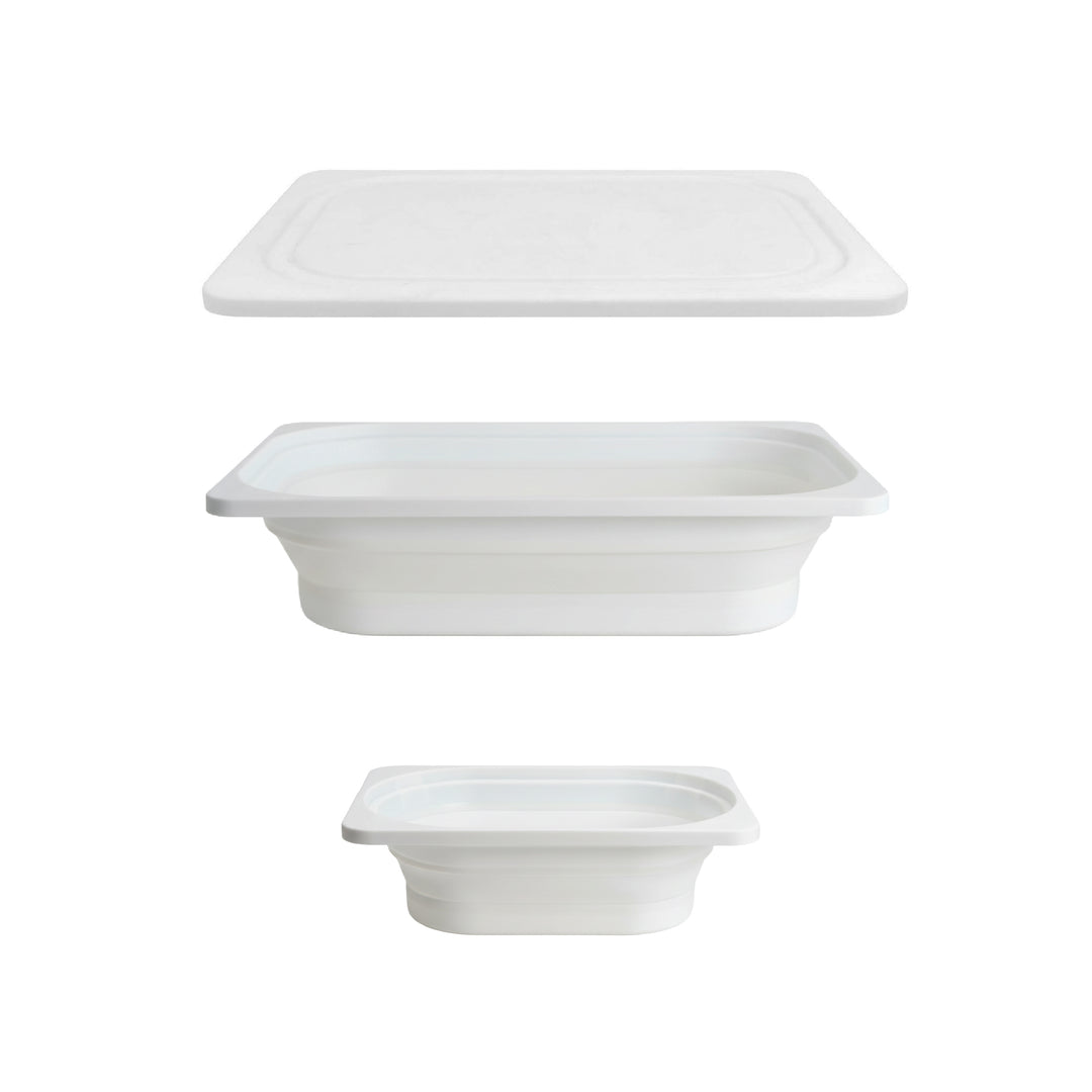 Collapsible storage bins with lids, large and small sizes shown