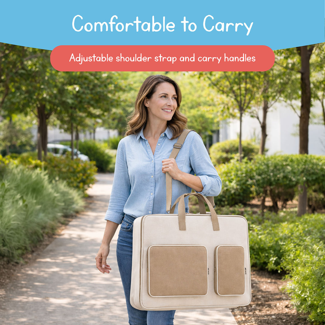Woman carrying large storage bag with adjustable shoulder strap and handles
