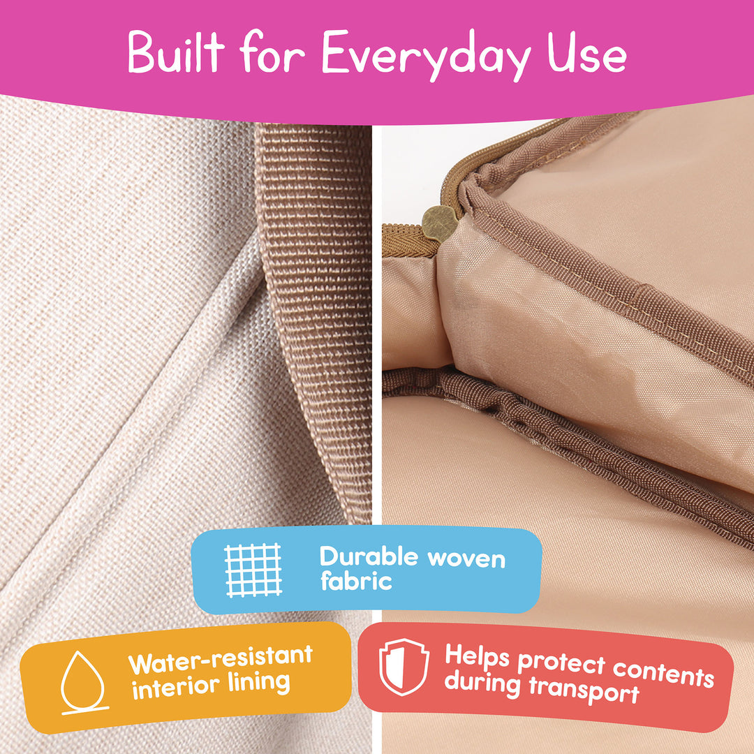 Close-up of durable woven fabric, water-resistant lining, and padded protection on storage bag
