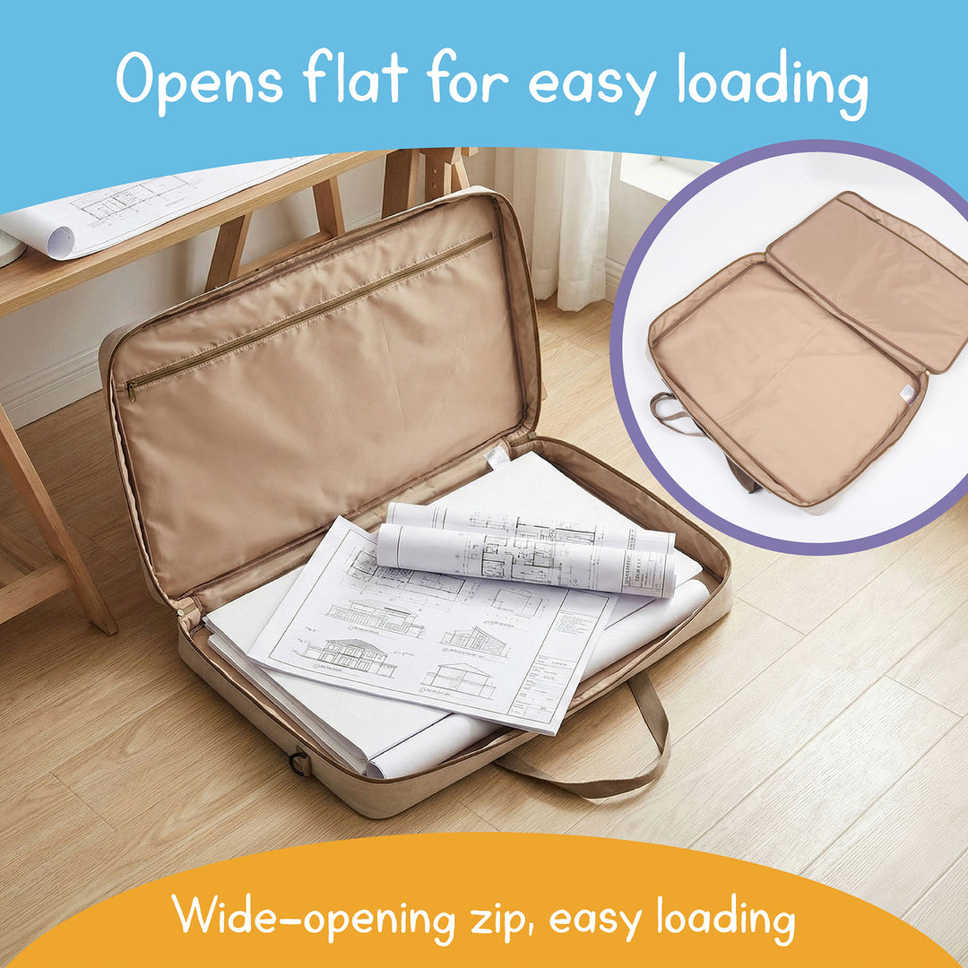 Large storage bag opened flat for easy loading of posters, blueprints, and oversized materials