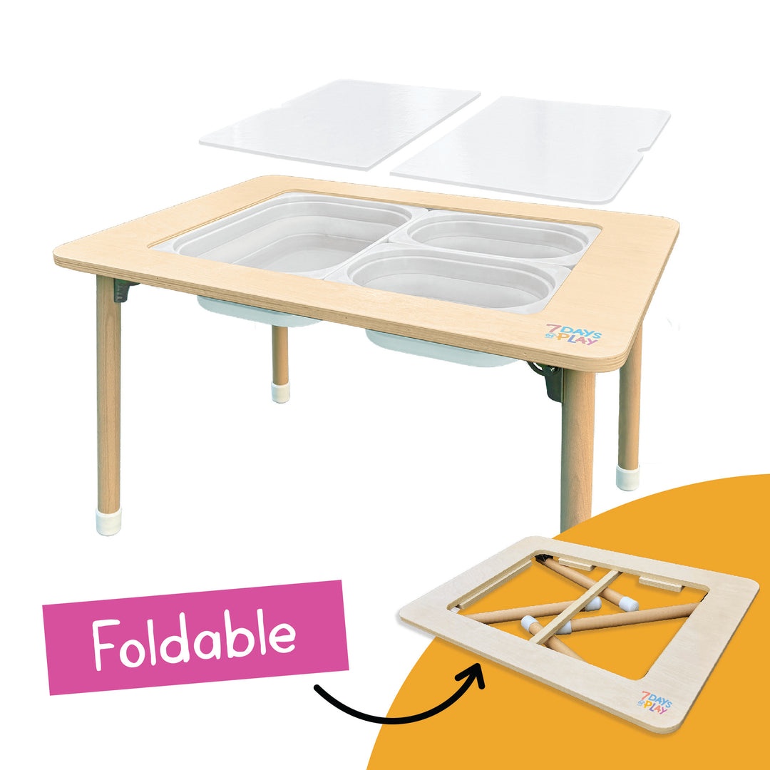 Foldable sensory play table for kids with two bins and flip lids by 7 Days of Play