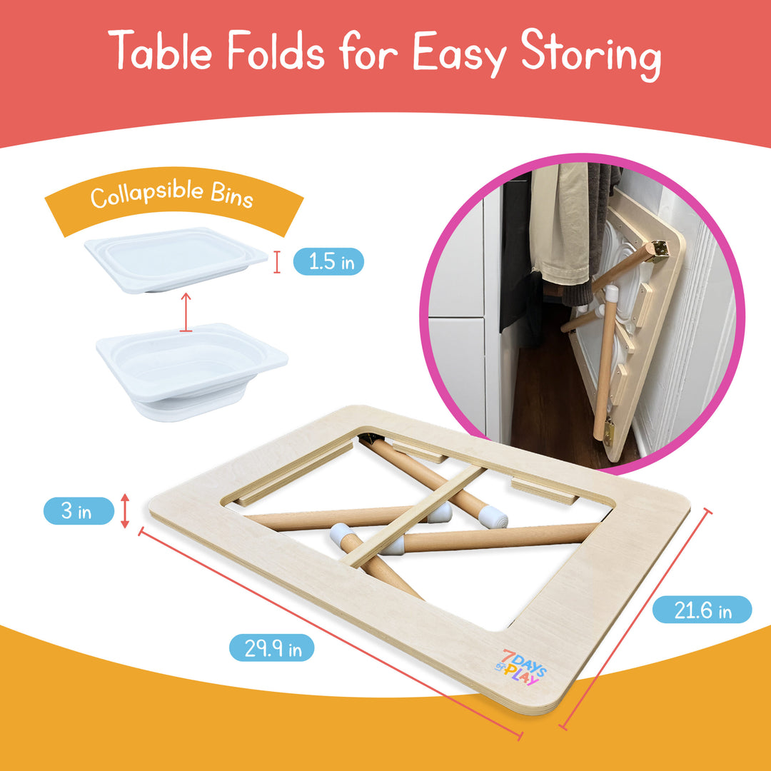 Sensory play table folding flat for easy storage with foldable wooden legs and collapsible bins