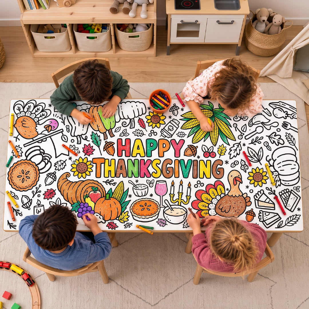 Overhead view of four children coloring the giant Thanksgiving paper roll on a kids table in a playroom