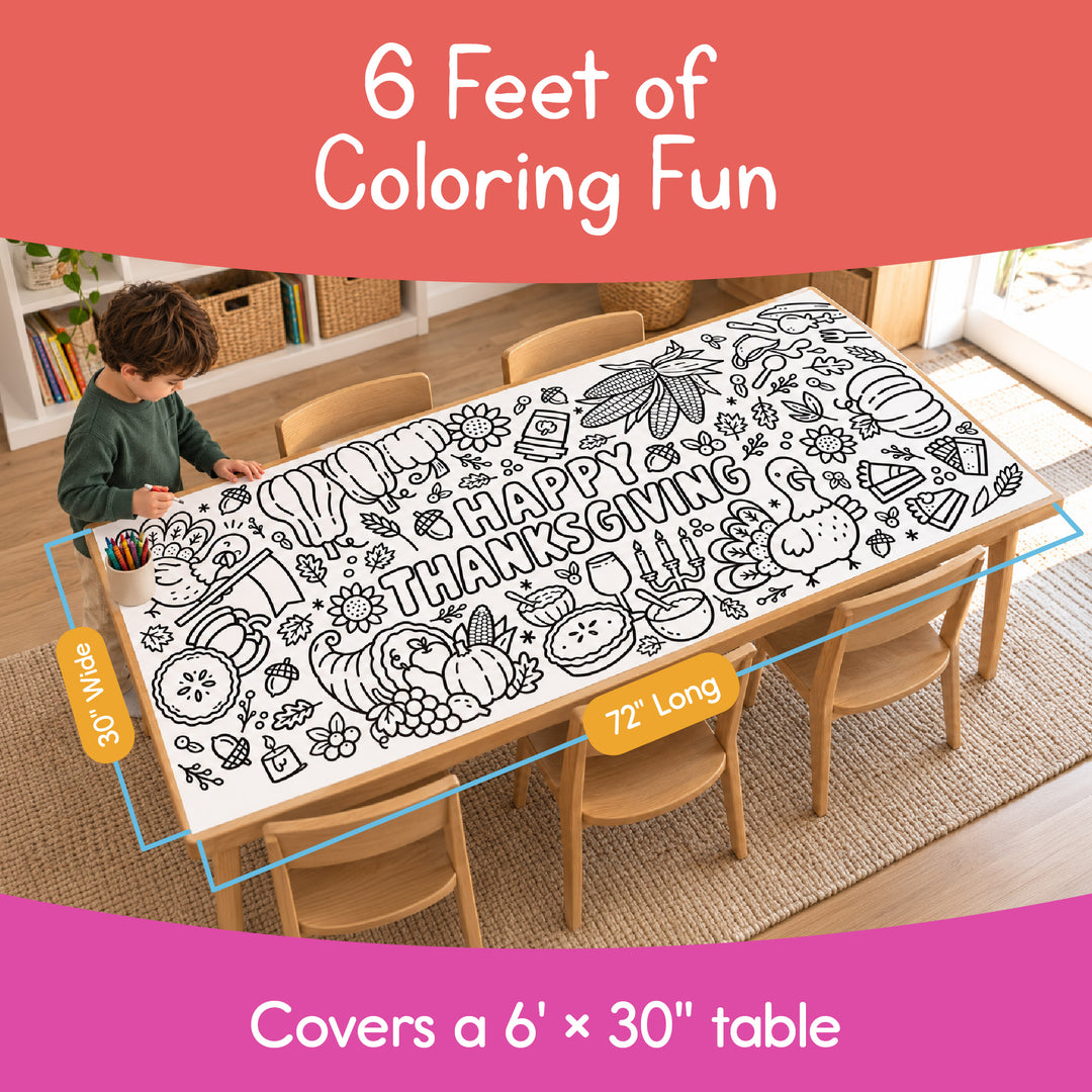 Thanksgiving coloring paper roll spread across a dining table, 30 inches wide by 72 inches long, covering a 6 foot table