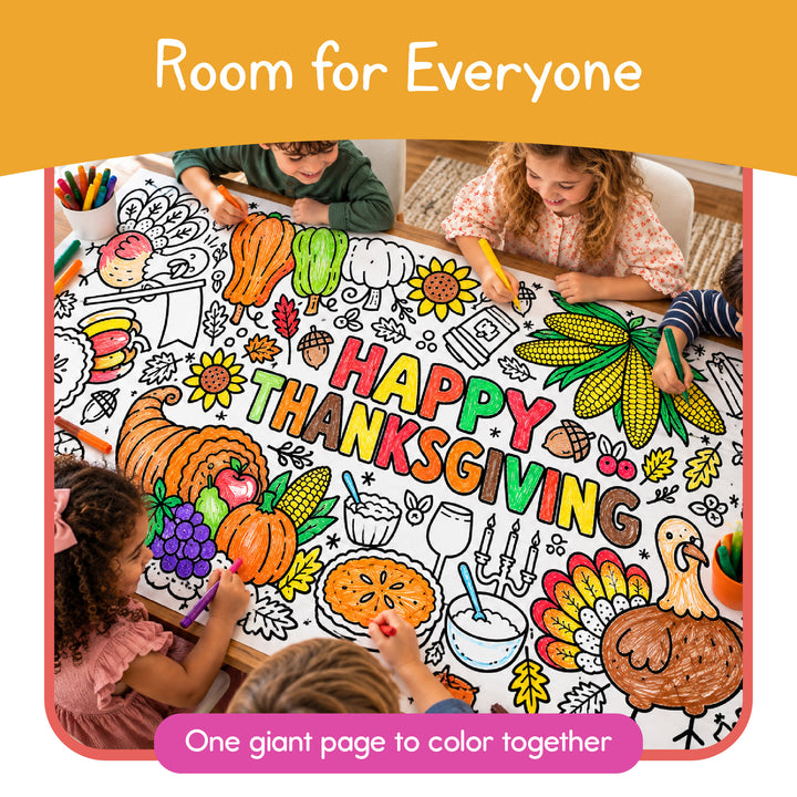 Four children coloring one giant Thanksgiving paper roll together, with room for everyone at the table