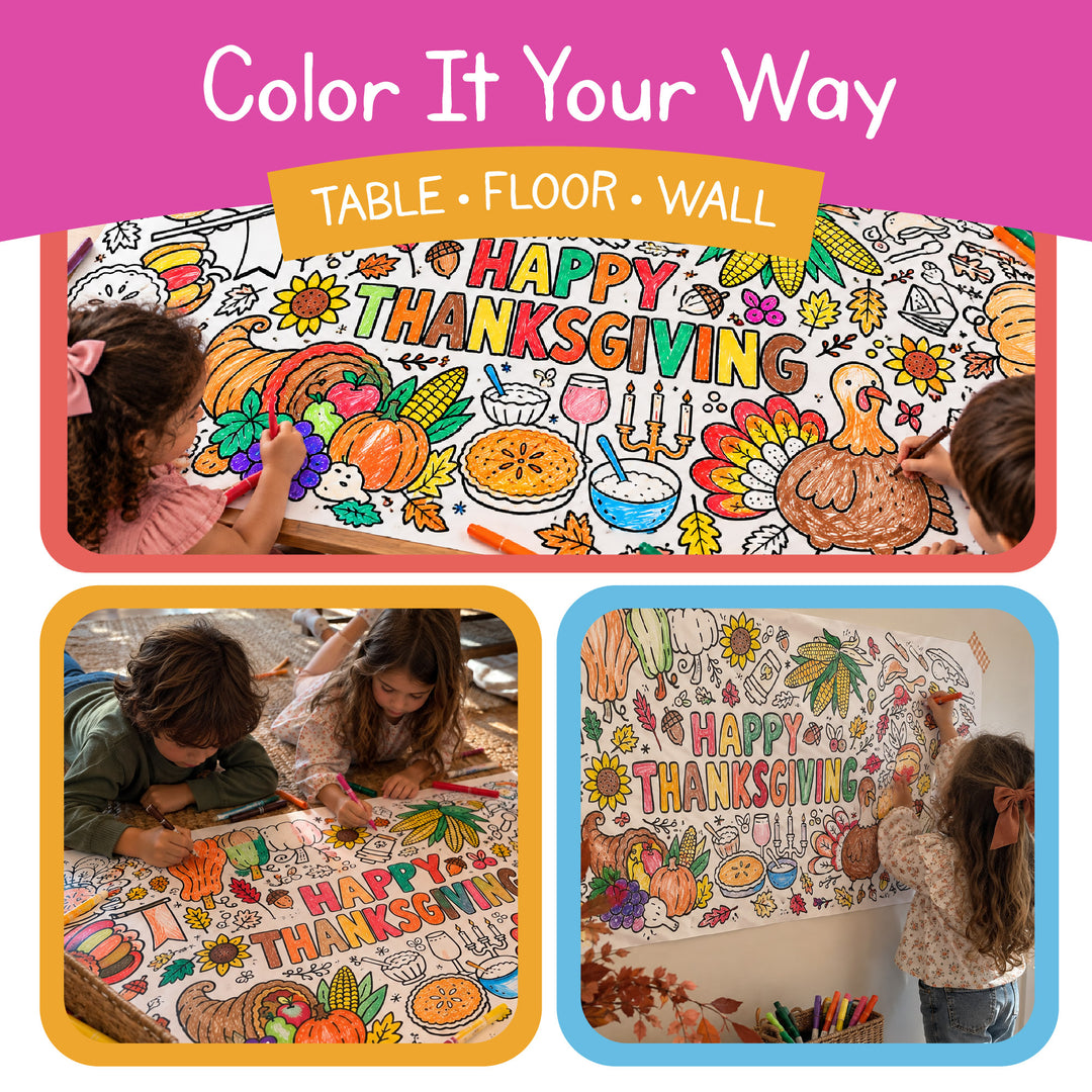 Kids coloring the Thanksgiving paper roll on a table, on the floor and taped to a wall