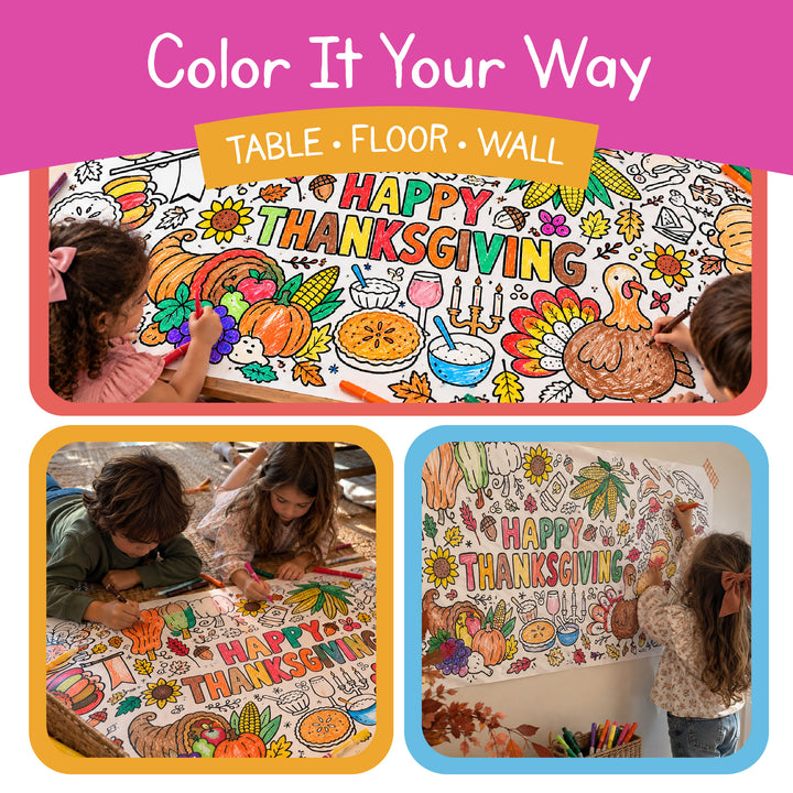 Kids coloring the Thanksgiving paper roll on a table, on the floor and taped to a wall