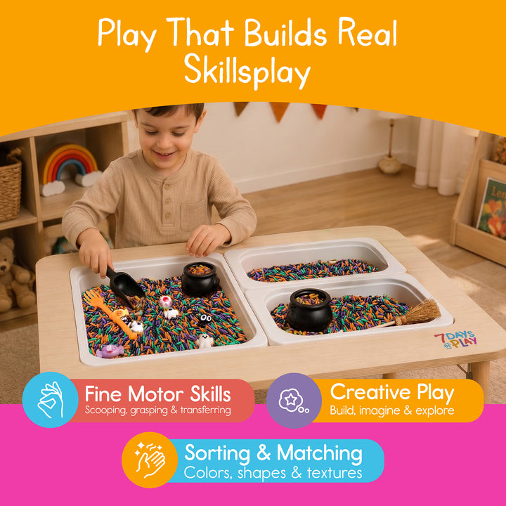 Child scooping Halloween sensory rice at a sensory table, building fine motor skills, creative play and sorting and matching