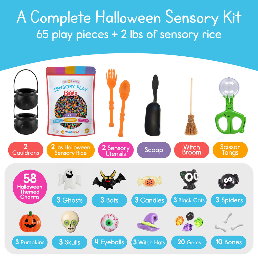 Halloween Sensory Kit contents: 65 play pieces plus 2 lbs sensory rice, with cauldrons, utensils, tongs, ghosts, bats, pumpkins and gems
