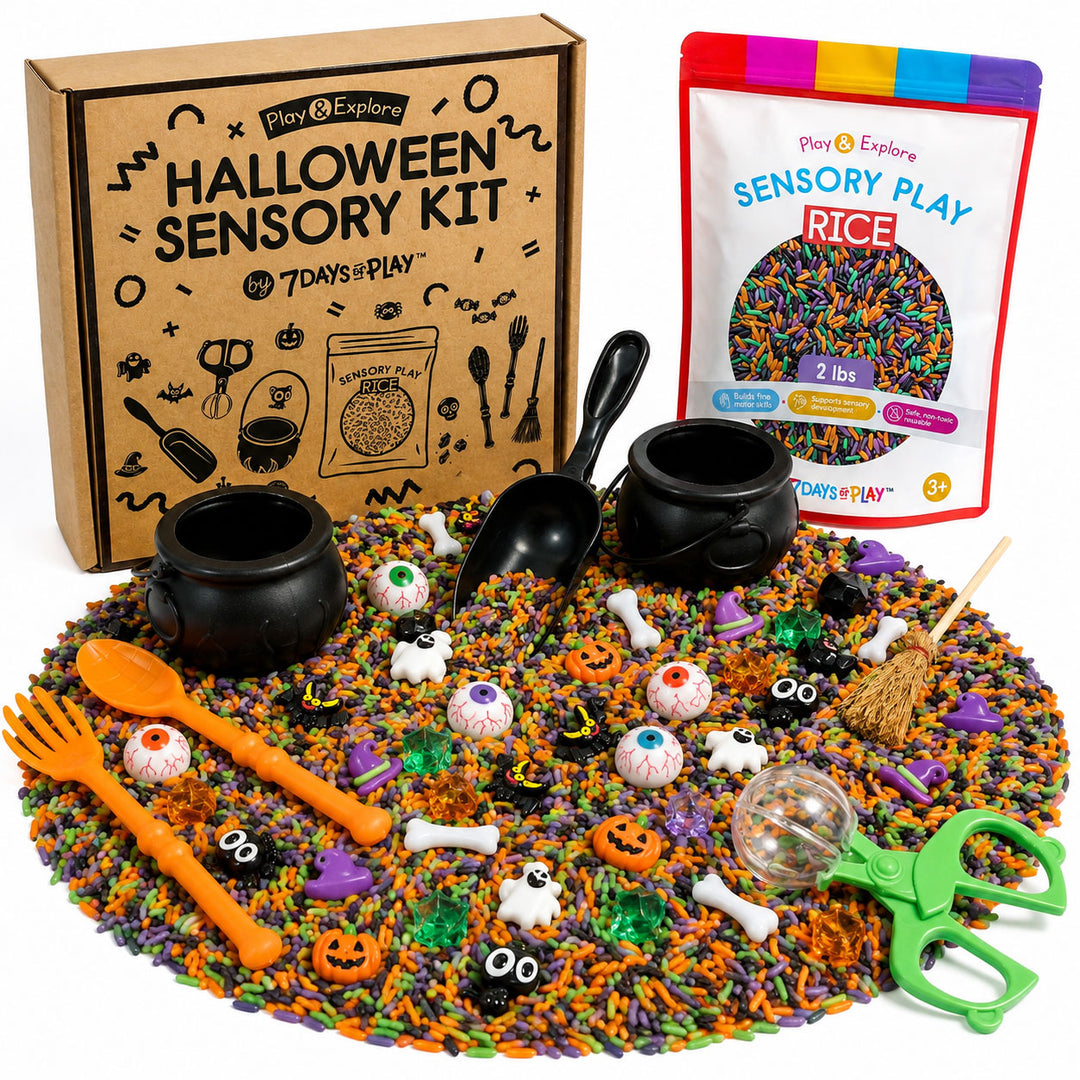 Halloween Sensory Kit box with 2 lbs of Halloween sensory rice, two black cauldrons, scoop, utensils, scissor tongs and spooky charms