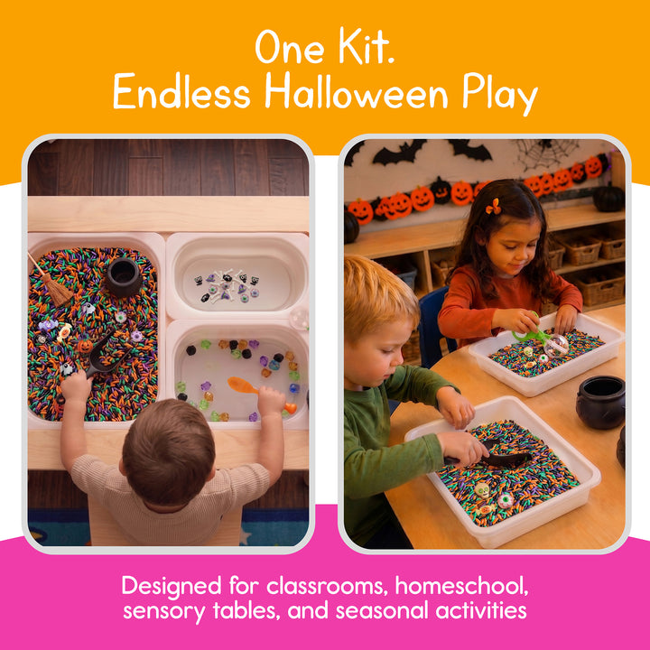 Children playing with the Halloween Sensory Kit at a sensory table and in a classroom, for homeschool and seasonal activities