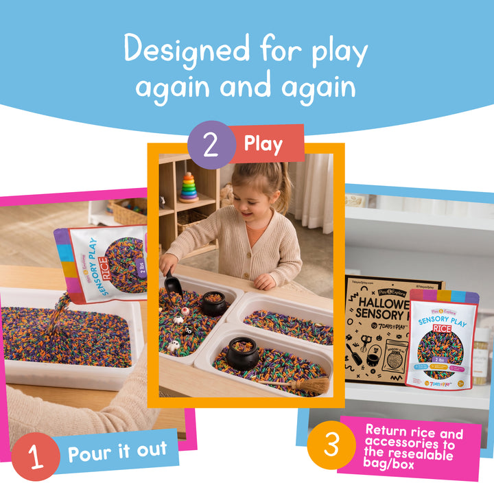 Three steps to reuse the Halloween sensory kit: pour it out, play, then return the rice and accessories to the resealable bag