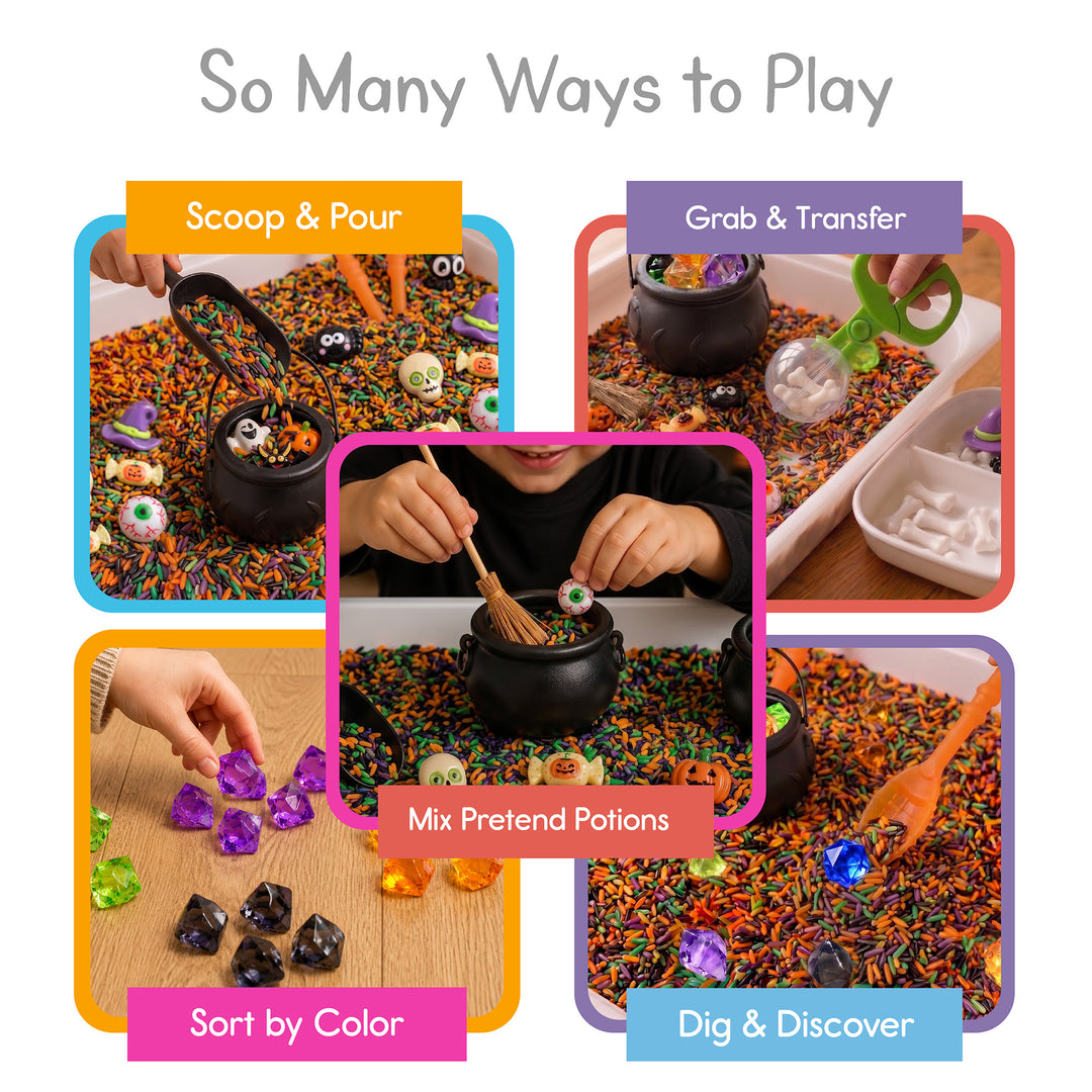 Five Halloween sensory bin activities: scoop and pour, grab and transfer, mix pretend potions, sort by color, and dig and discover