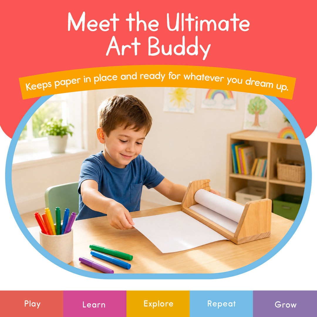 Child drawing with markers on paper pulled from the wooden art paper roll dispenser at a play table