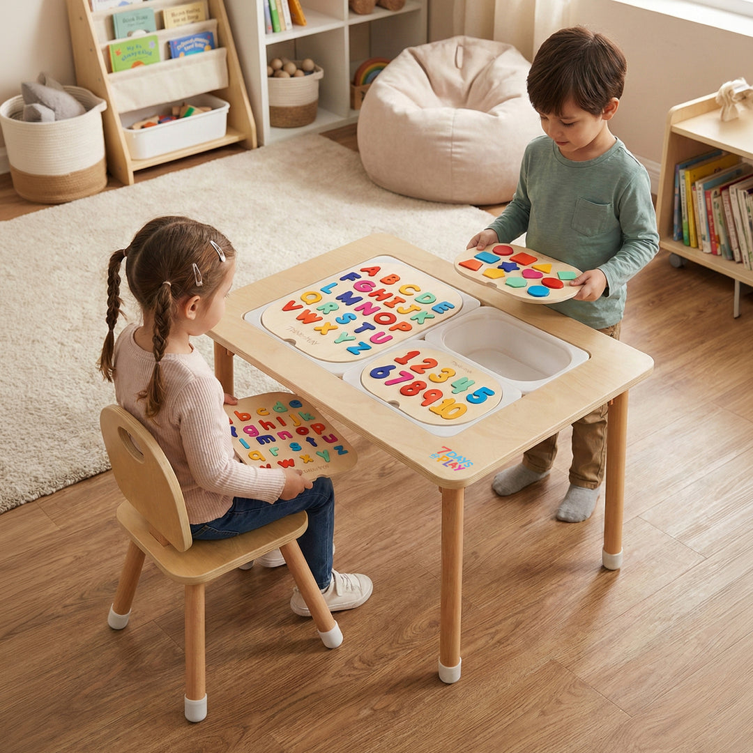 Two children working on alphabet and number puzzles laid across a wooden sensory play table in a playroom