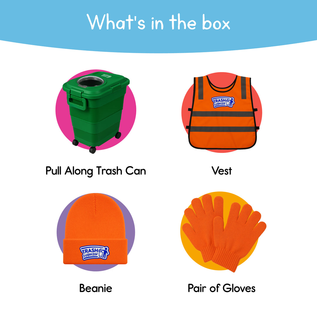 Four-piece kids trash collector costume set with vest, hat, gloves, and toy bin