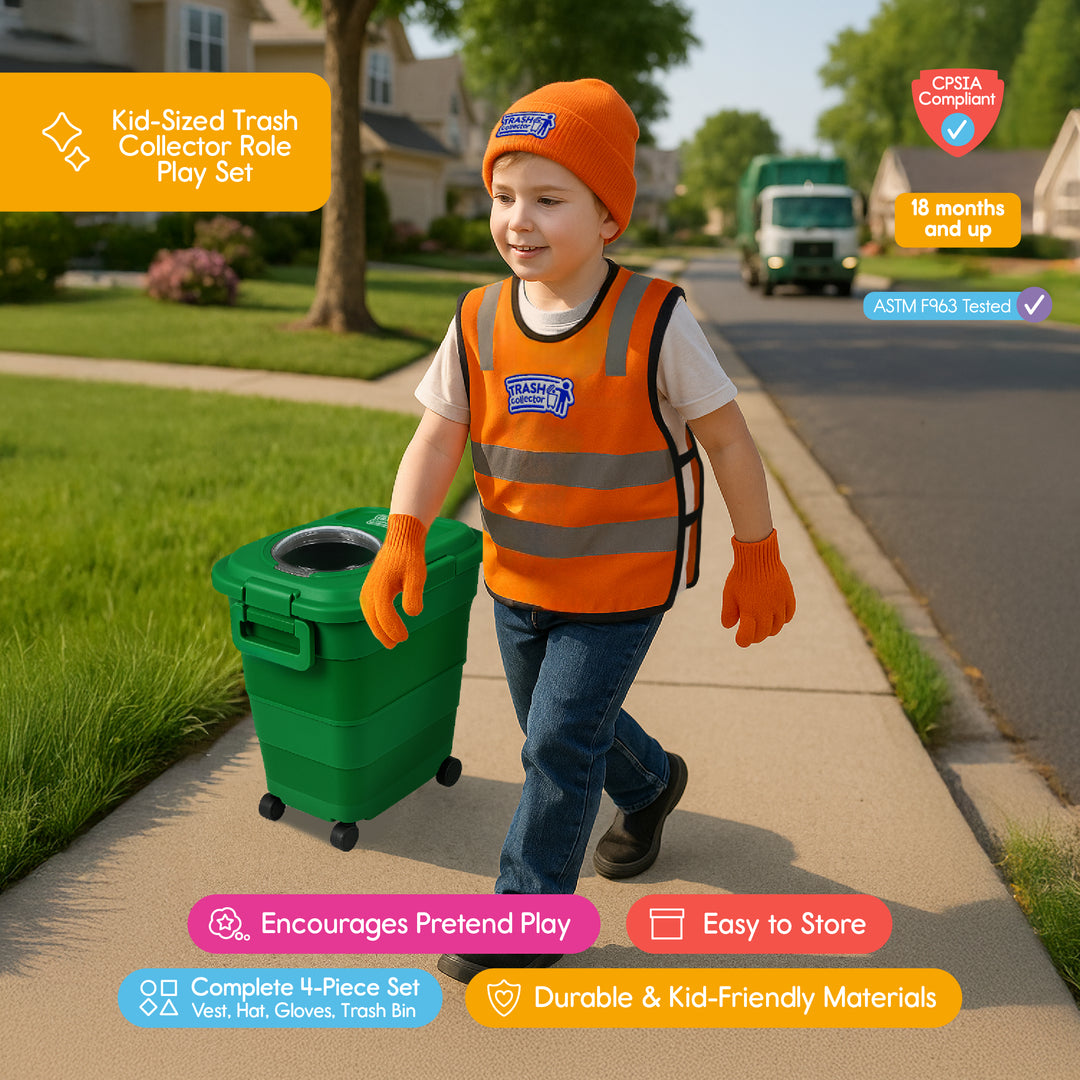 Toddler playing outside wearing trash collector vest and beanie with toy trash can