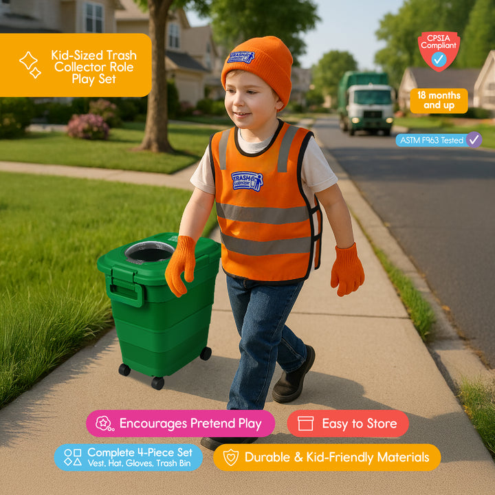 Toddler playing outside wearing trash collector vest and beanie with toy trash can