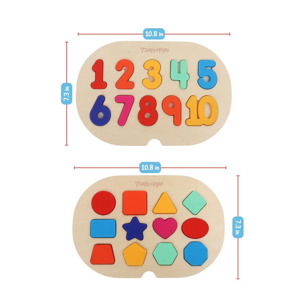 Size chart for the small inserts: number and shape puzzles, each 10.8 inches by 7.3 inches