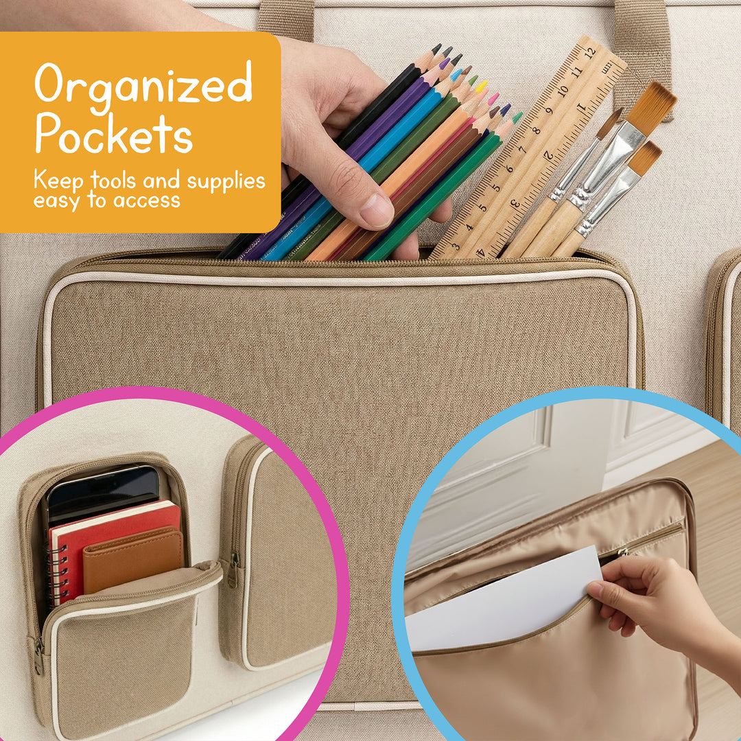 Storage bag with organized front pockets for pencils, brushes, rulers, notebooks, and small supplies