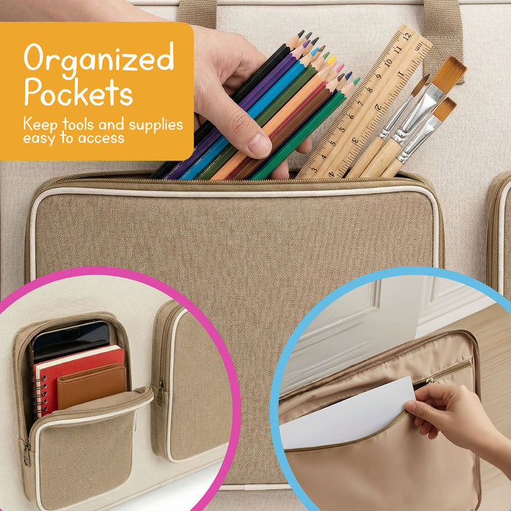 Storage bag with organized front pockets for pencils, brushes, rulers, notebooks, and small supplies