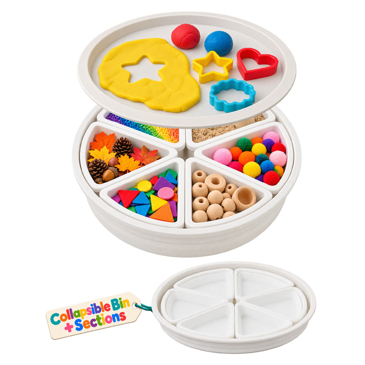 Round Sensory Bin with 6 sections filled with pom poms, wooden beads, acorns and play dough, shown with its collapsible lid