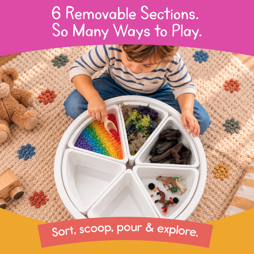 Child sorting rainbow rice, moss and small animals in the 6 removable sections of the Round Sensory Bin