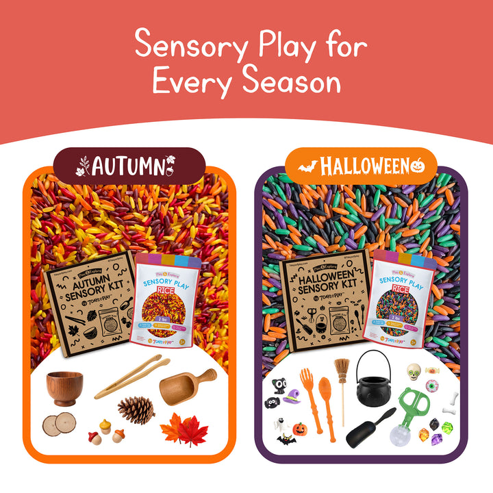 Autumn and Halloween Sensory Kits side by side, showing each kit's rice colors and included wooden and themed accessories