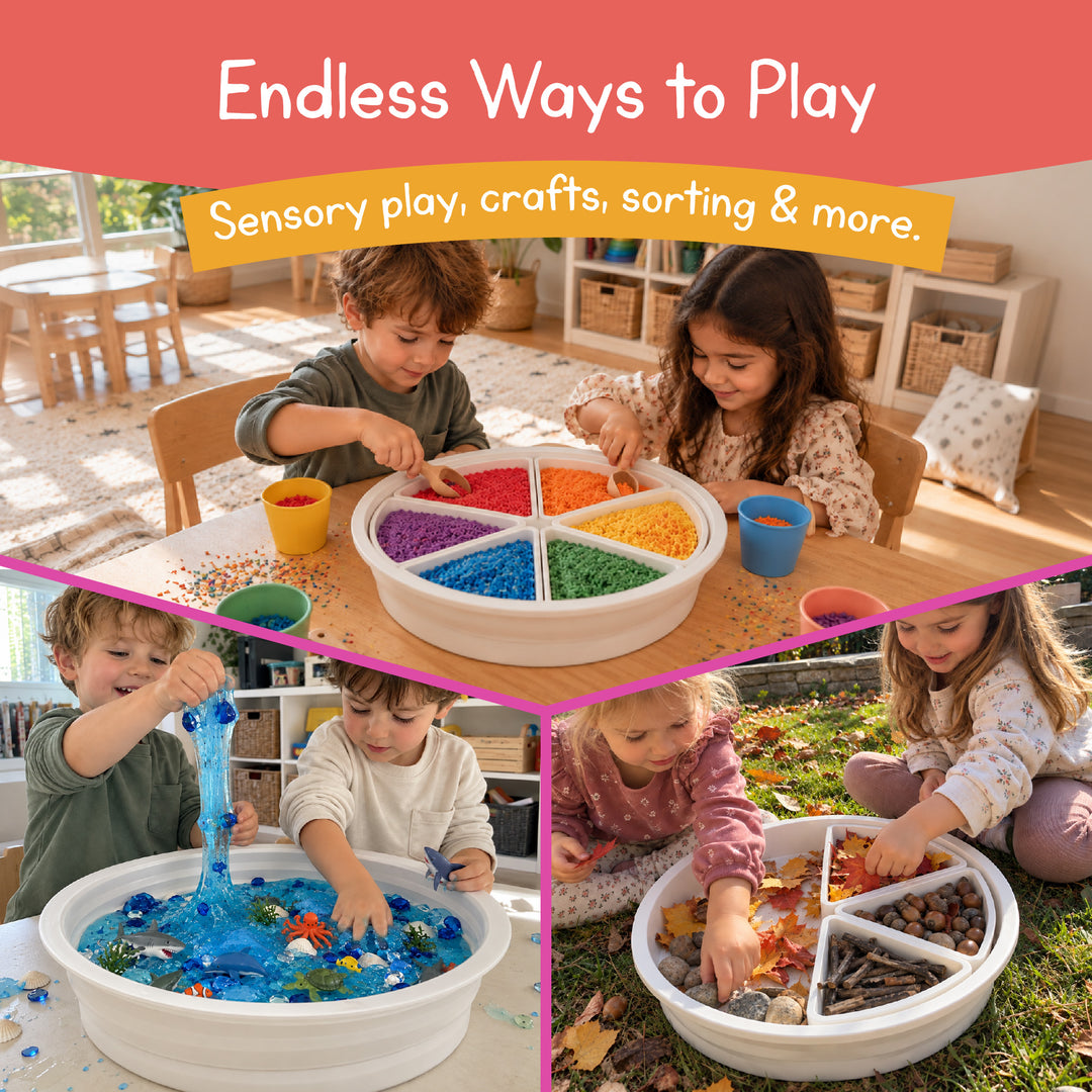 Children using the Round Sensory Bin for sorting, water play with slime and an autumn nature bin