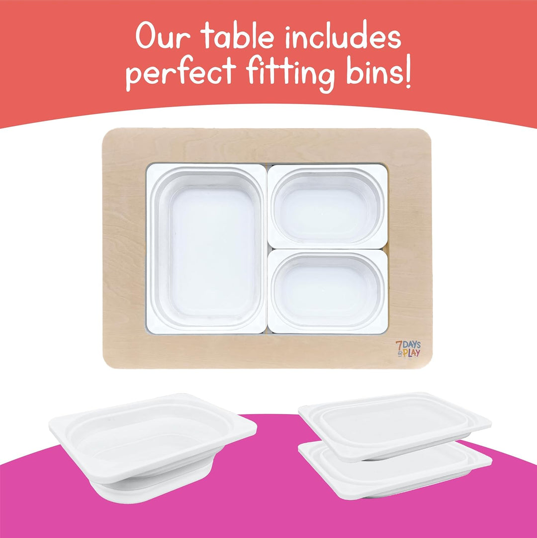 Close-up of sensory play table with removable bins and matching flip lids that fit perfectly