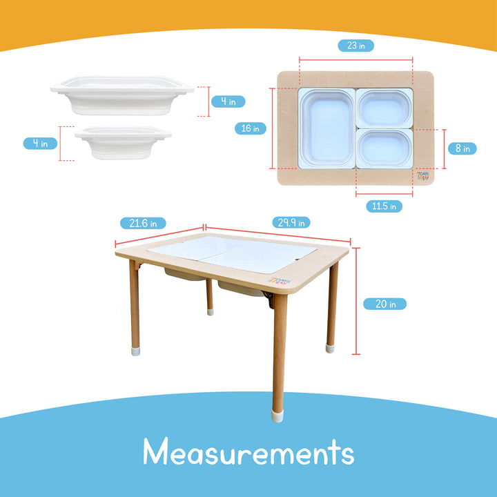 Measurements and dimensions of foldable sensory play table showing height, width, and bin size