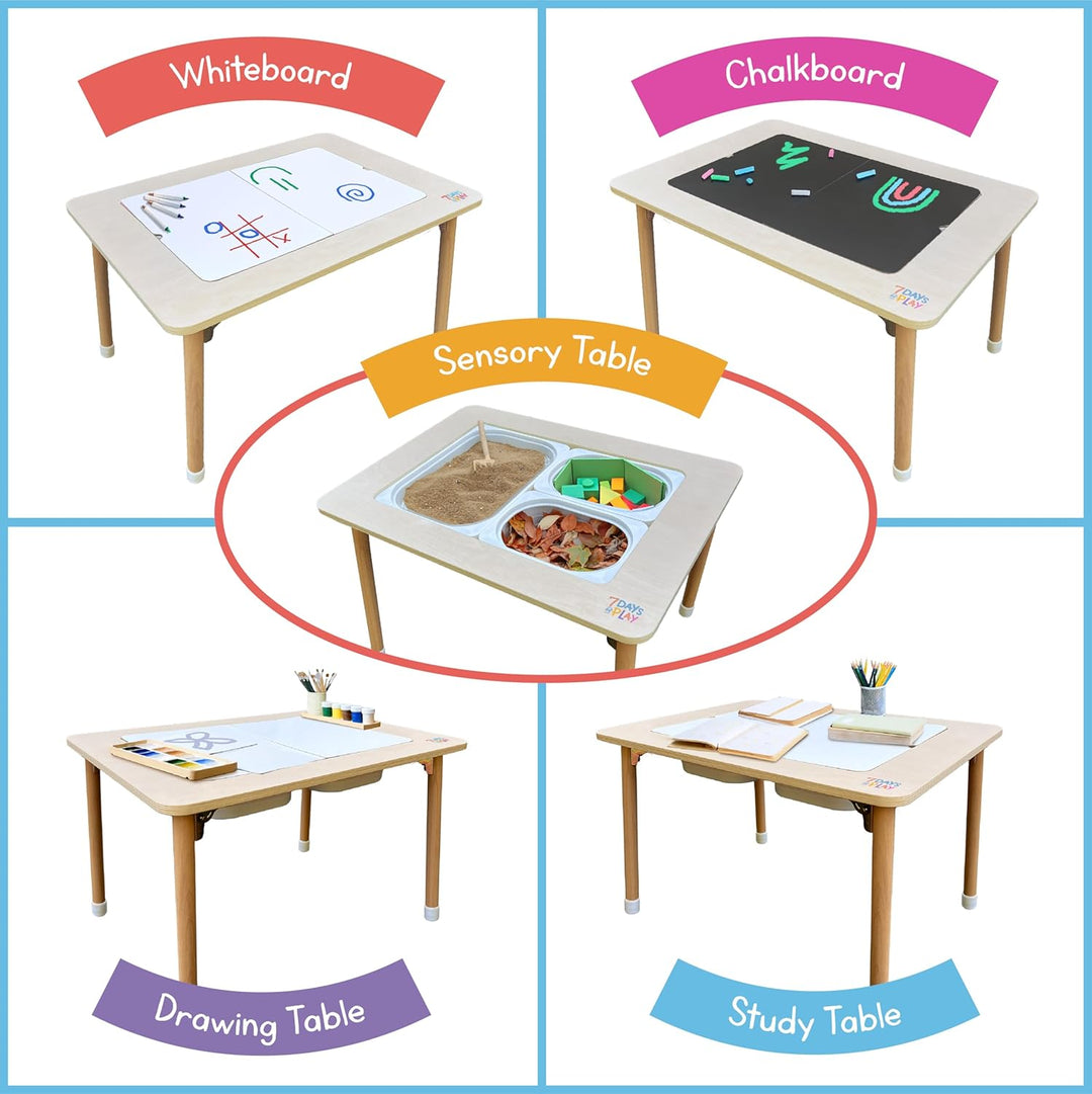 Foldable sensory play table used as whiteboard, chalkboard, sensory bin, and drawing table for kids