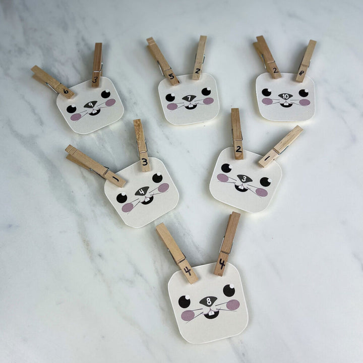 This free printable is a fun, hands on way to do math problems! Use clothing pins as bunny ears to solve the equations whether addition, subtraction, multiplication or division!