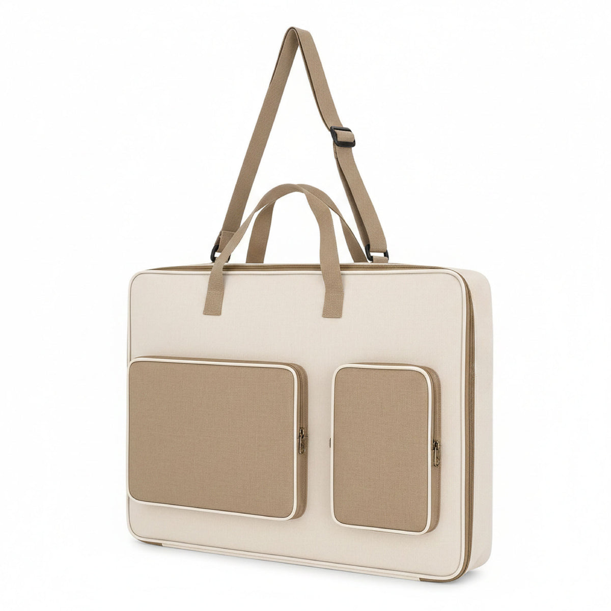 Large tan storage and travel bag with front pockets, carry handles, and shoulder strap