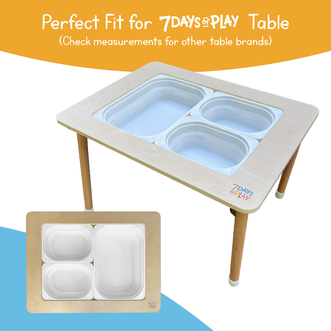 Collapsible bins fitting perfectly inside the 7 Days of Play sensory table