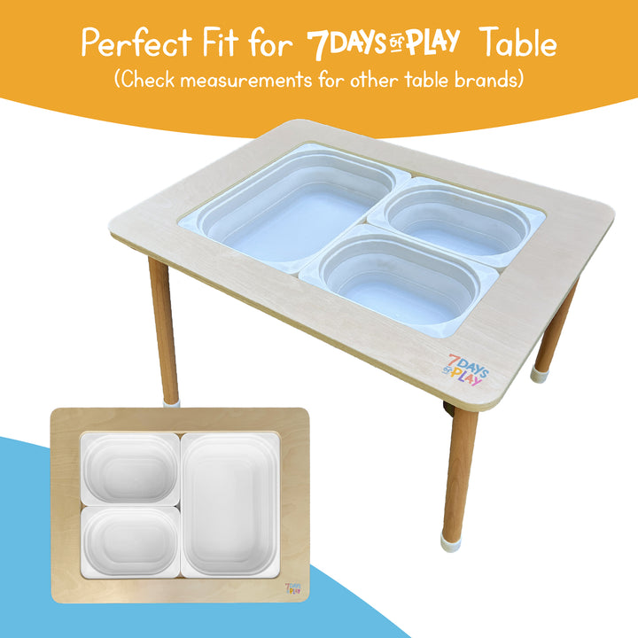 Collapsible bins fitting perfectly inside the 7 Days of Play sensory table