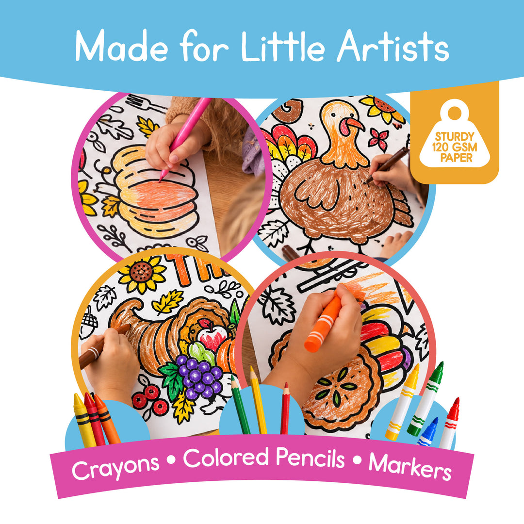 Sturdy 120 gsm coloring paper that works with crayons, colored pencils and markers, shown with children's hands coloring