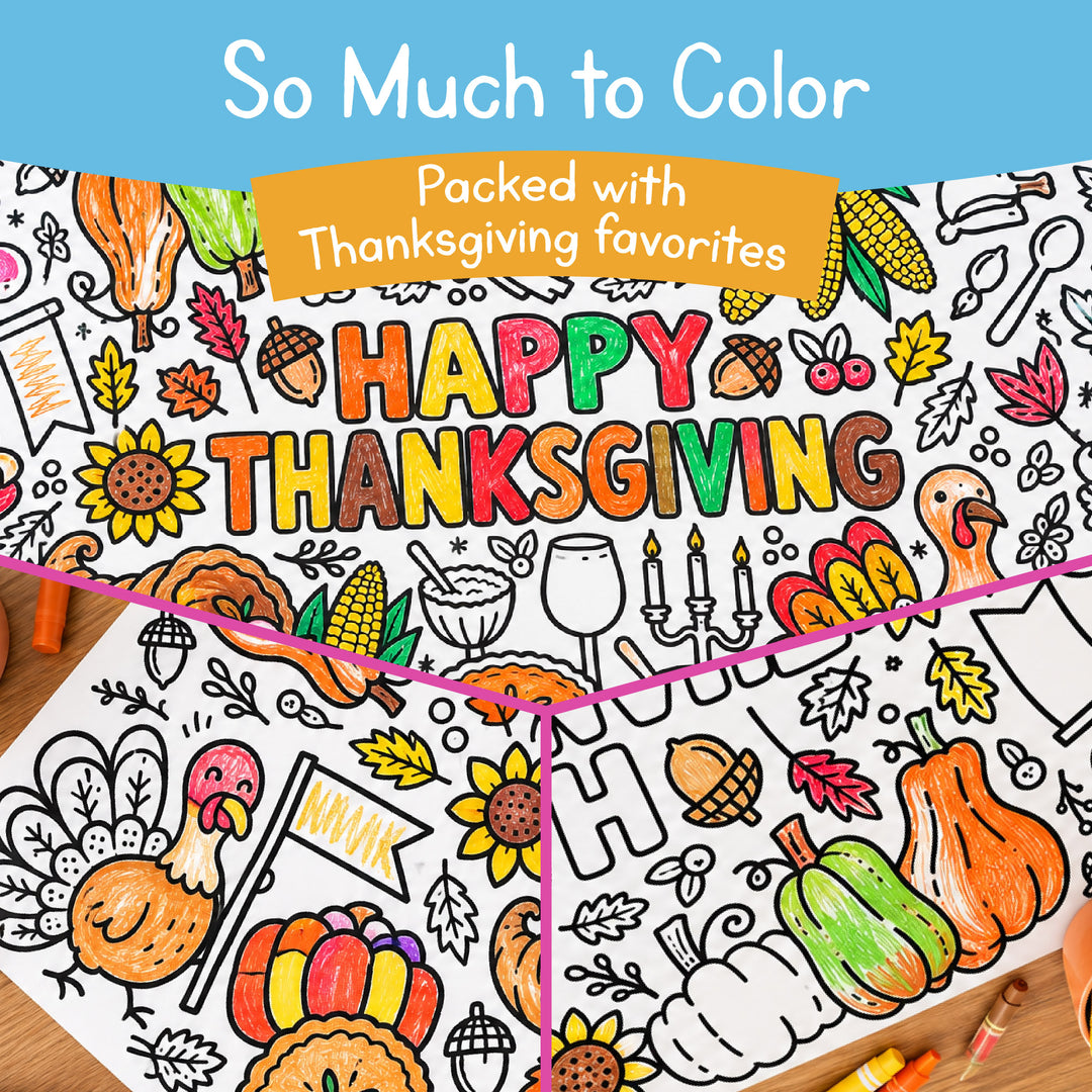 Close up of the Thanksgiving coloring roll design, partly colored in, with turkeys, pumpkins, corn, sunflowers and acorns