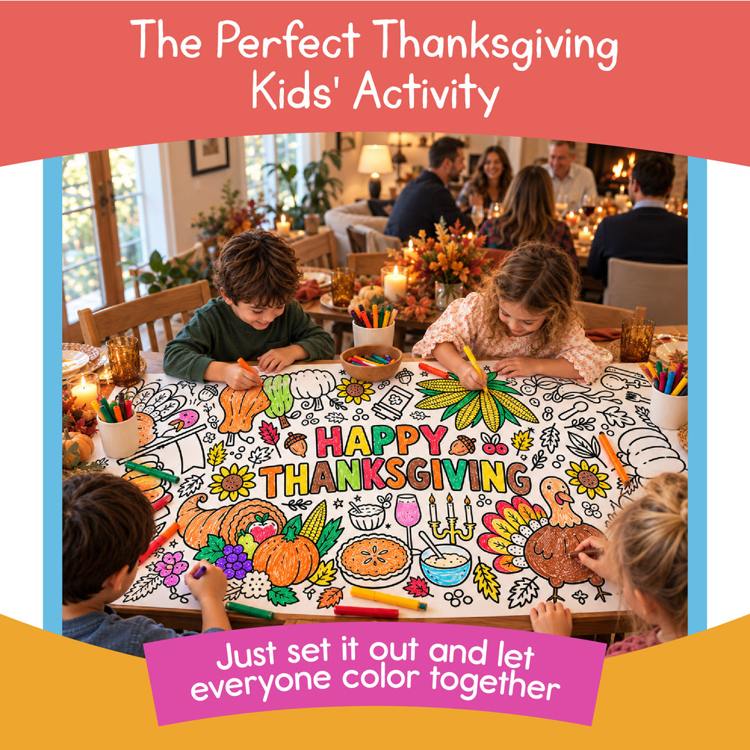 Children coloring the Thanksgiving paper roll at the kids table during Thanksgiving dinner